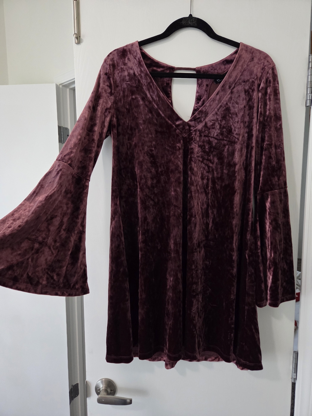 1026 A.N.A Crushed Velvet Bell-Sleeve Dress - Plum